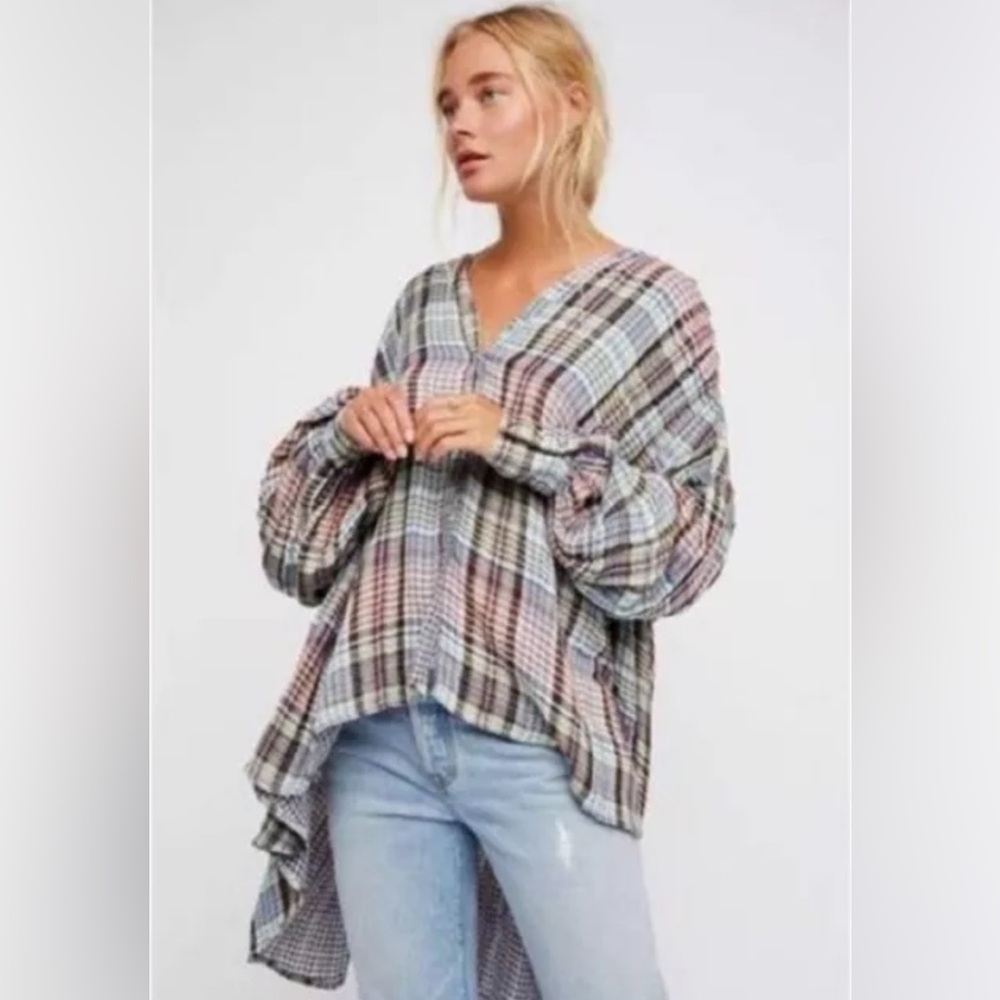 FREE PEOPLE❤️Come On Over, plaid oversized tunic, button down,raw hem,SZ XS,NWOT - Picture 2 of 10